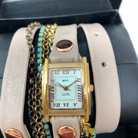 La Mer Collections Womens Wrap Watch Beige Leather Gold Tone Chain Blue Bead NEW